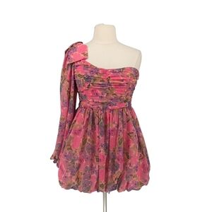 For Love & Lemon Floral One Shoulder Mini Dress Pink 1X party cocktail 80s 90s
